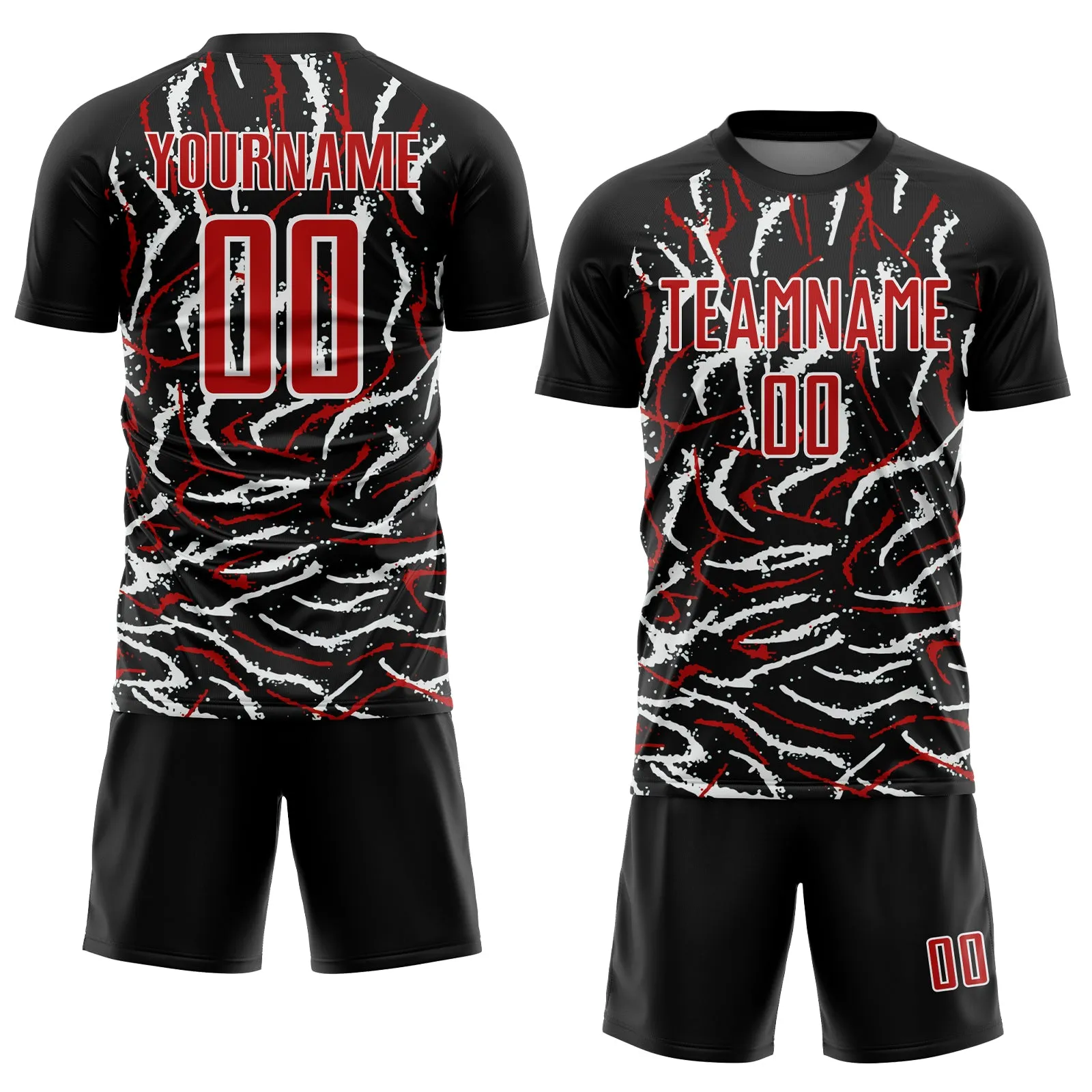 Custom Black Red-White Curved And Wavy Lines Sublimation Soccer Uniform Jersey