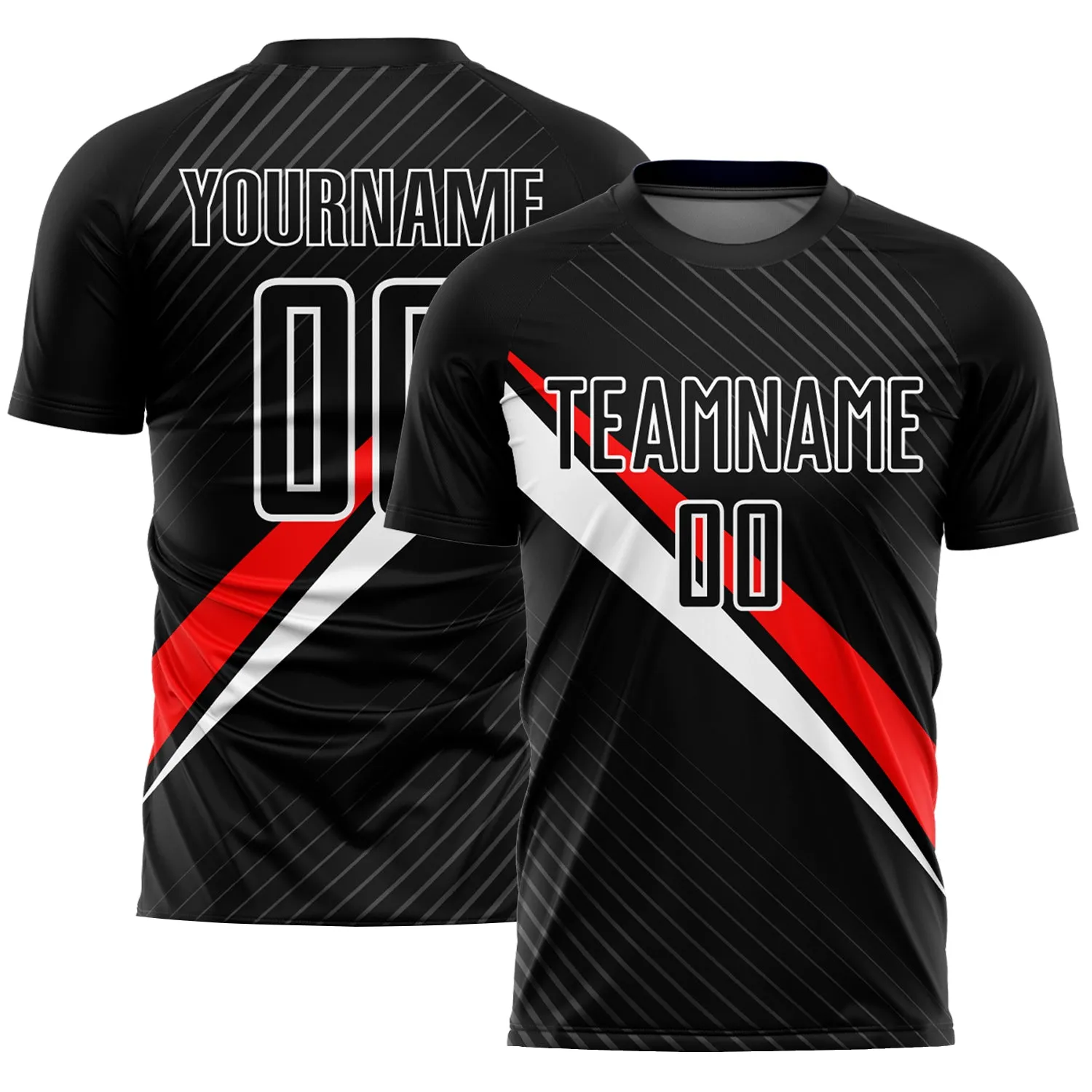 Custom Black Red-White Diagonal Lines Sublimation Soccer Uniform Jersey