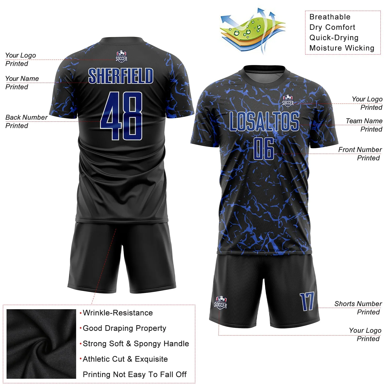 Custom Black Royal-White Sublimation Soccer Uniform Jersey