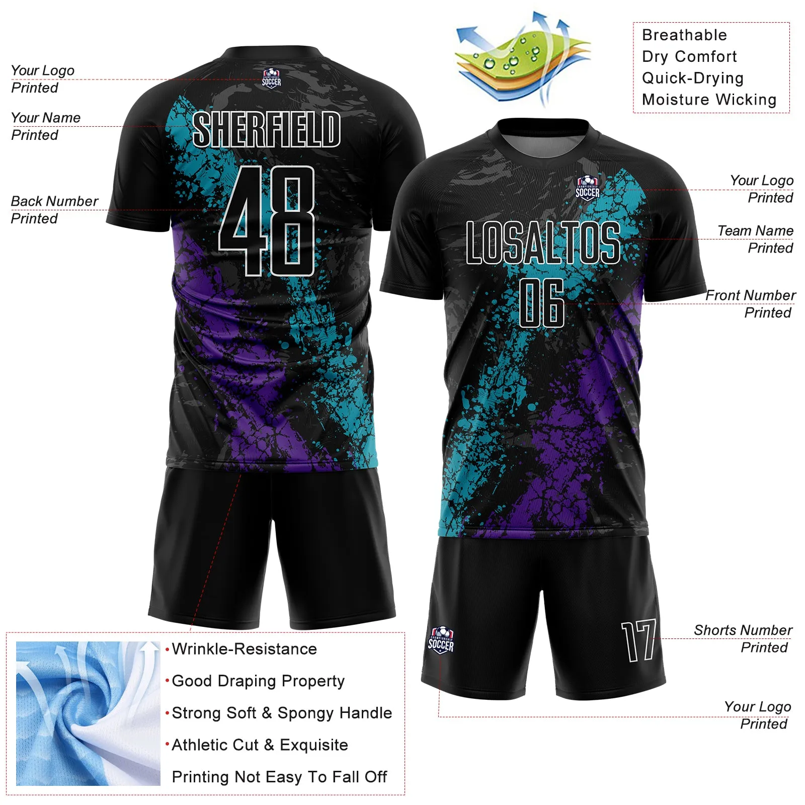 Custom Black Teal-Purple Dripping Splatter Art Sublimation Soccer Uniform Jersey