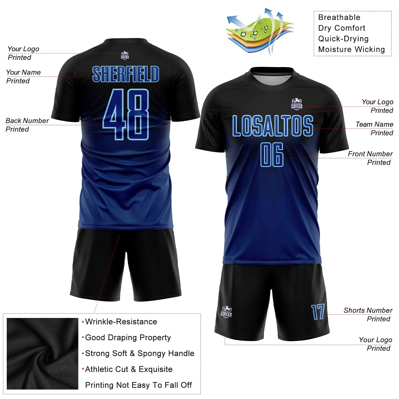 Custom Black US Navy Blue-Light Blue Sublimation Soccer Uniform Jersey