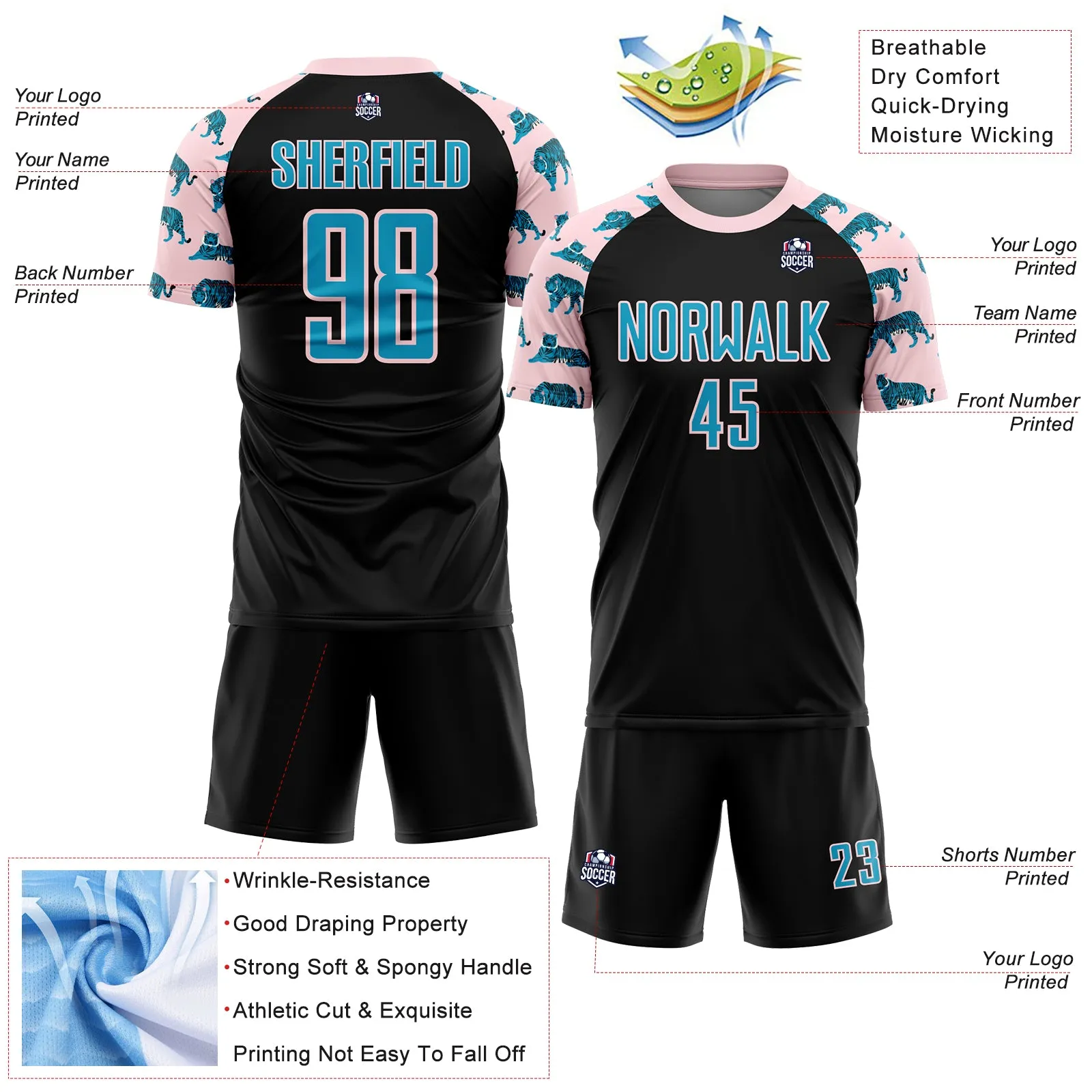 Custom Black US Navy Blue-Light Pink Tiger Sublimation Soccer Uniform Jersey