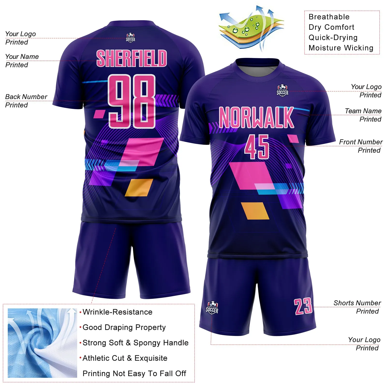 Custom Dark Purple Pink-White Geometric Shapes Sublimation Soccer Uniform Jersey