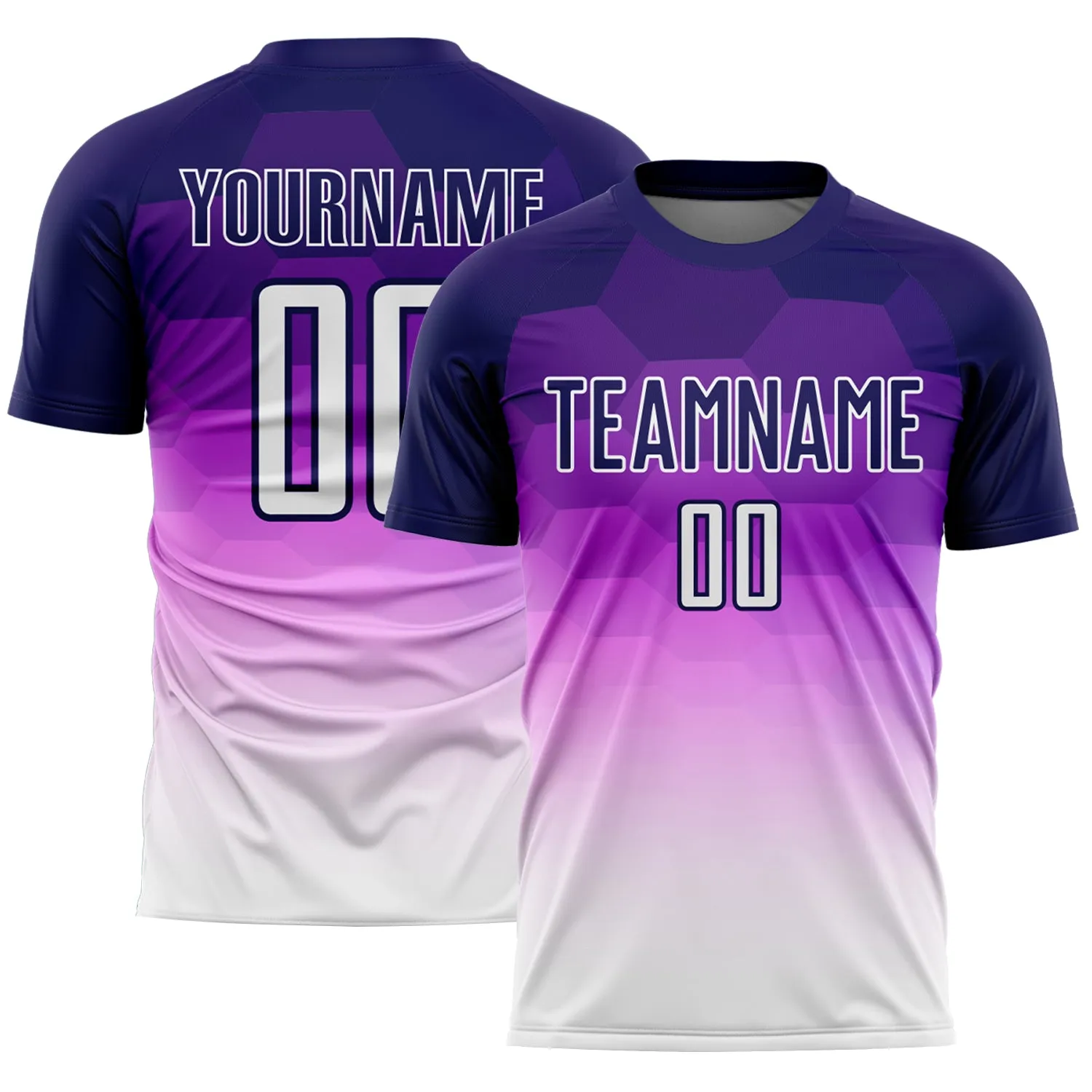 Custom Dark Purple White Gradient Hexagons Pattern Sublimation Soccer Uniform Jersey