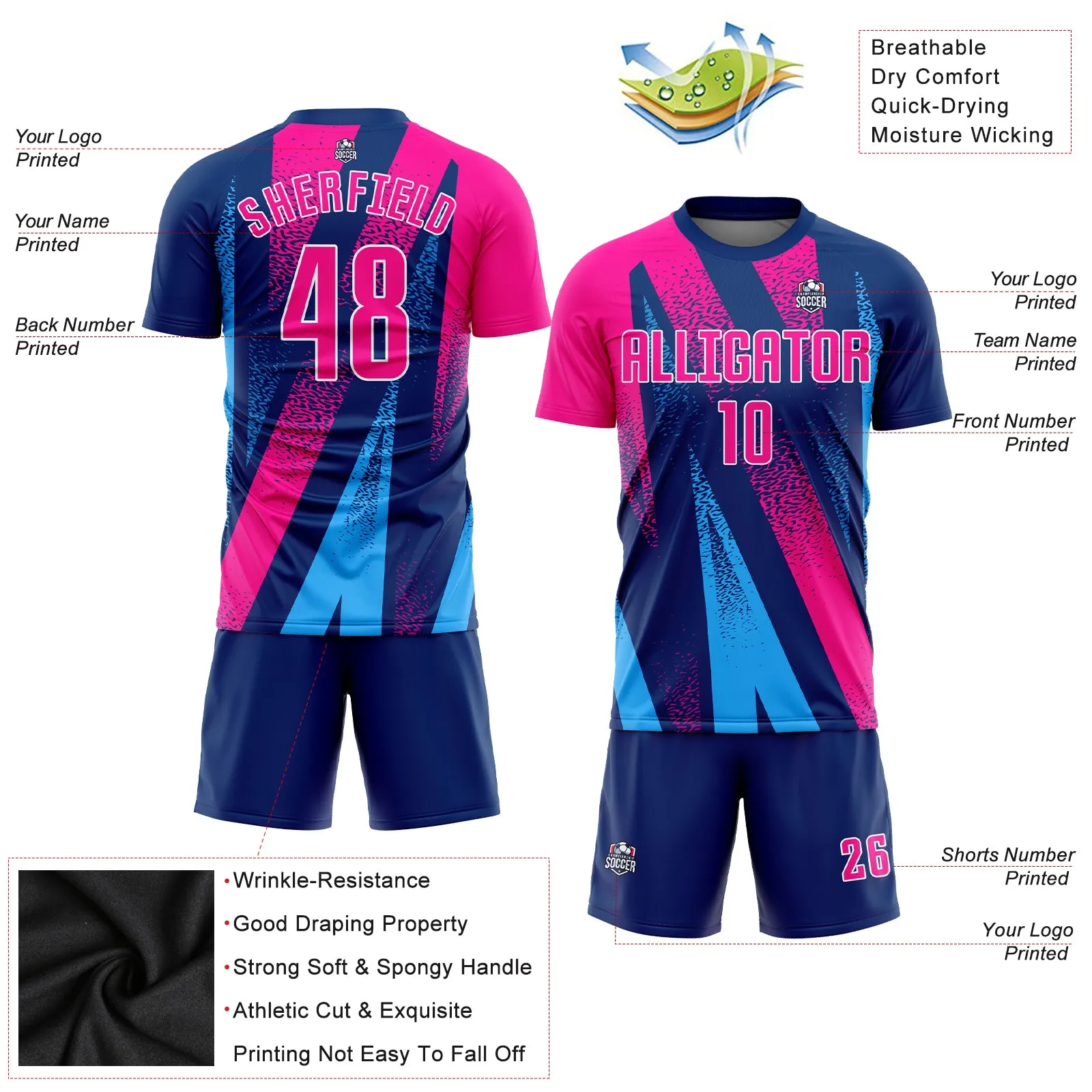 Custom Figure Pink-Royal Sublimation Soccer Uniform Jersey