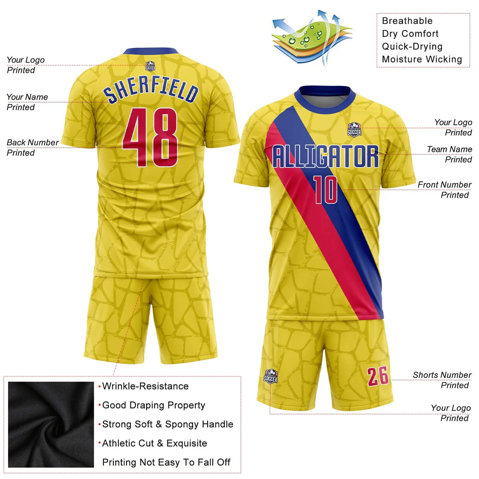 Custom Gold Red-Royal Sublimation Soccer Uniform Jersey