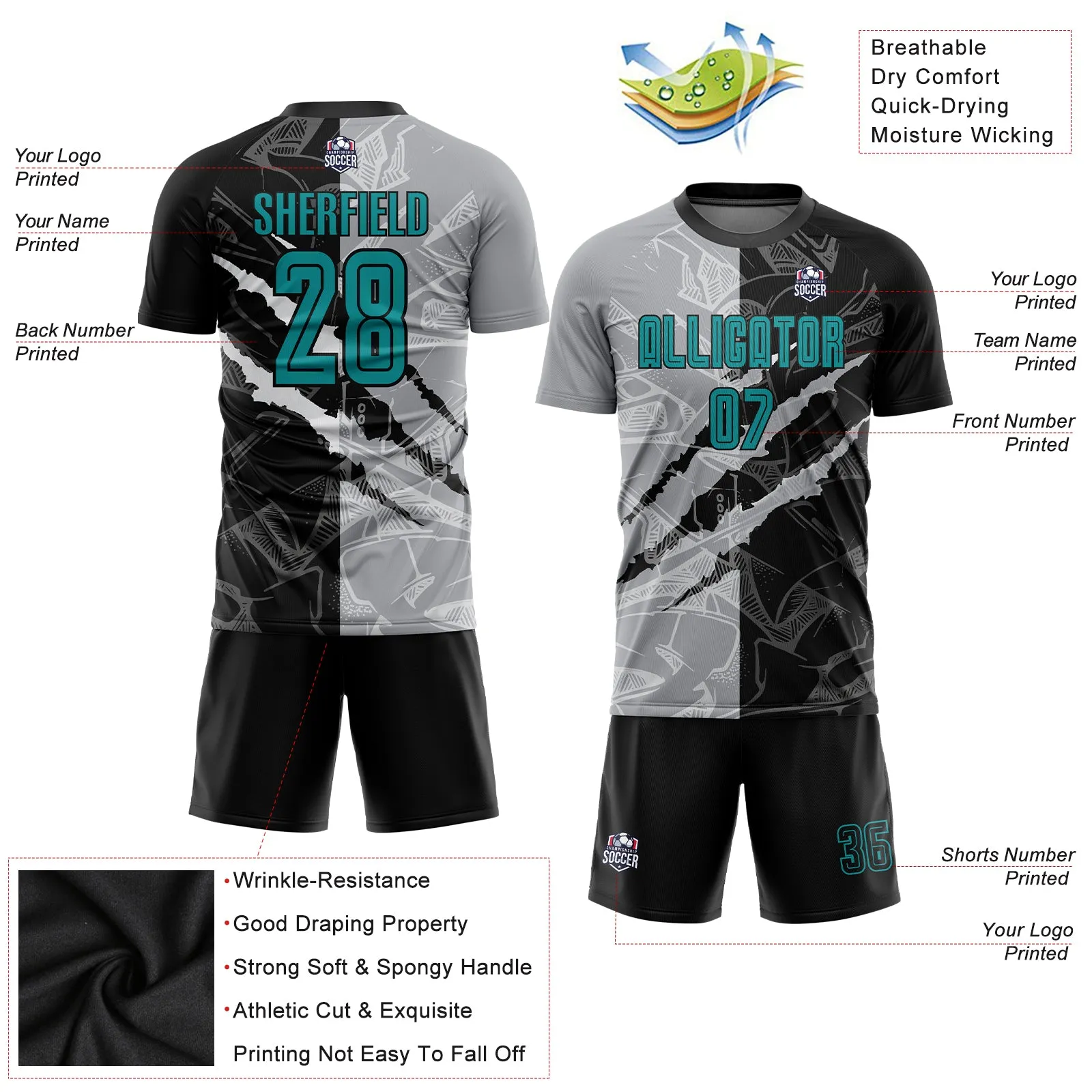 Custom Graffiti Pattern Teal Black-Gray Scratch Sublimation Soccer Uniform Jersey