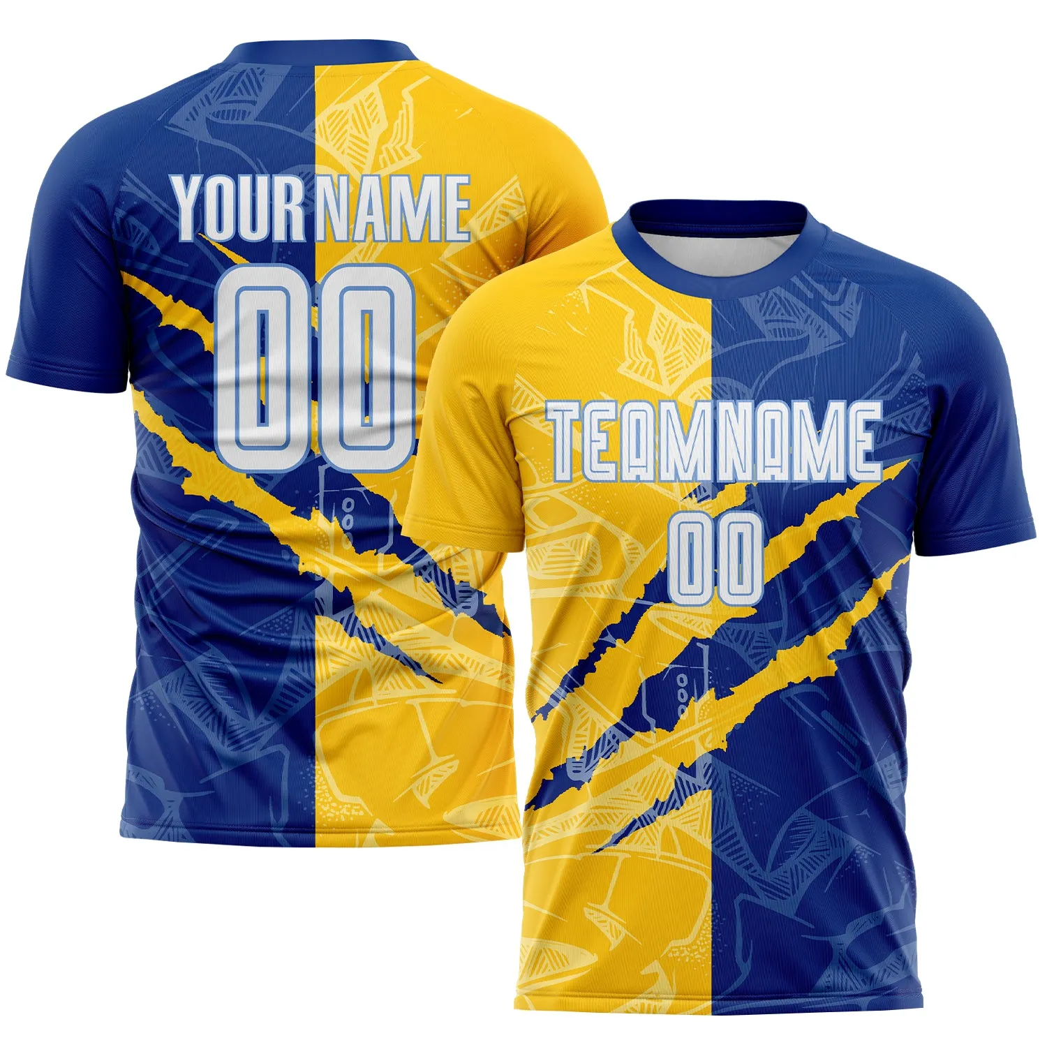 Custom Graffiti Pattern White Royal Yellow-Light Blue Scratch Sublimation Soccer Uniform Jersey