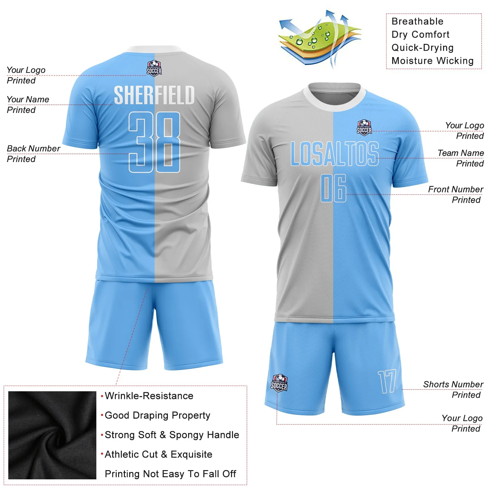 Custom Gray Light Blue-White Sublimation Split Fashion Soccer Uniform Jersey