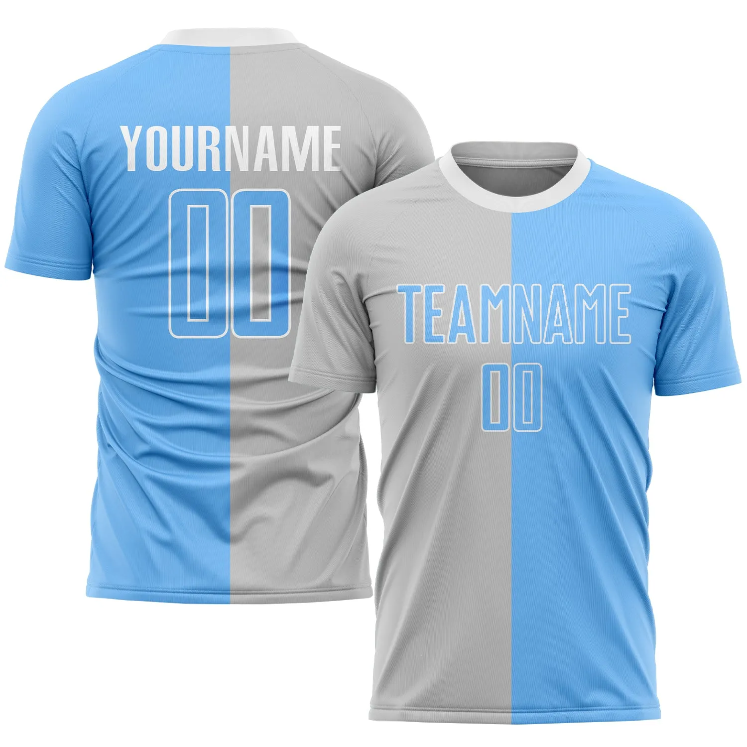 Custom Gray Light Blue-White Sublimation Split Fashion Soccer Uniform Jersey