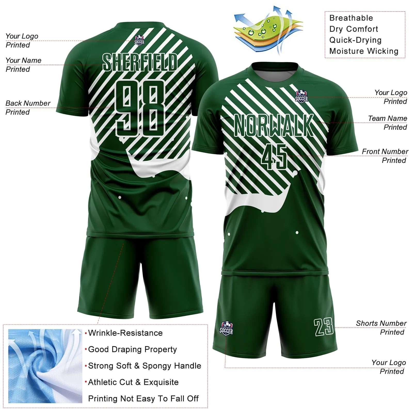 Custom Green White Lines Sublimation Soccer Uniform Jersey