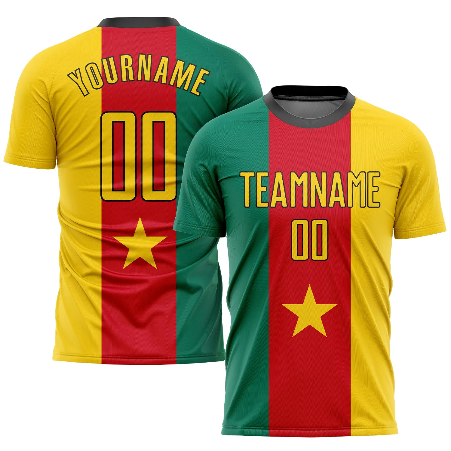 Custom Kelly Green Gold Red-Black Sublimation Cameroonian Flag Soccer Uniform Jersey