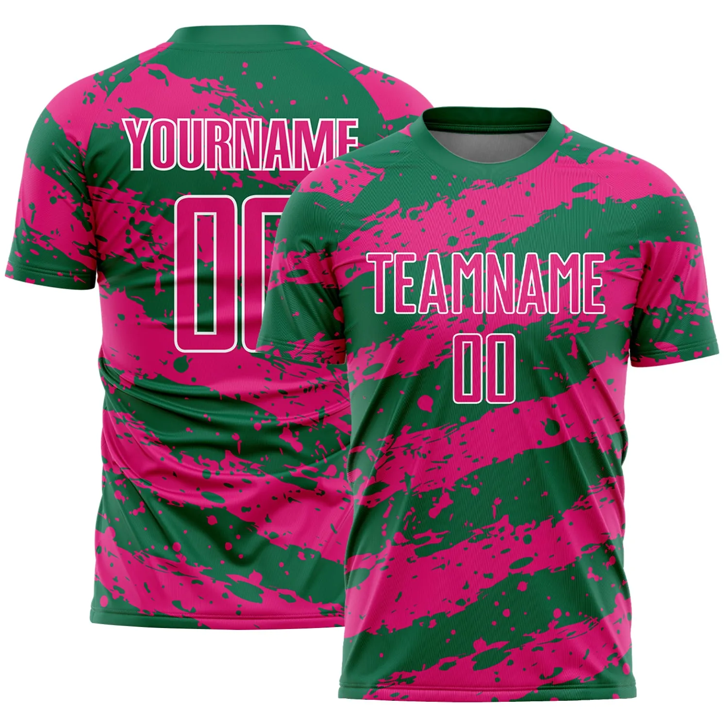 Custom Kelly Green Hot Pink-White Splash Sublimation Soccer Uniform Jersey