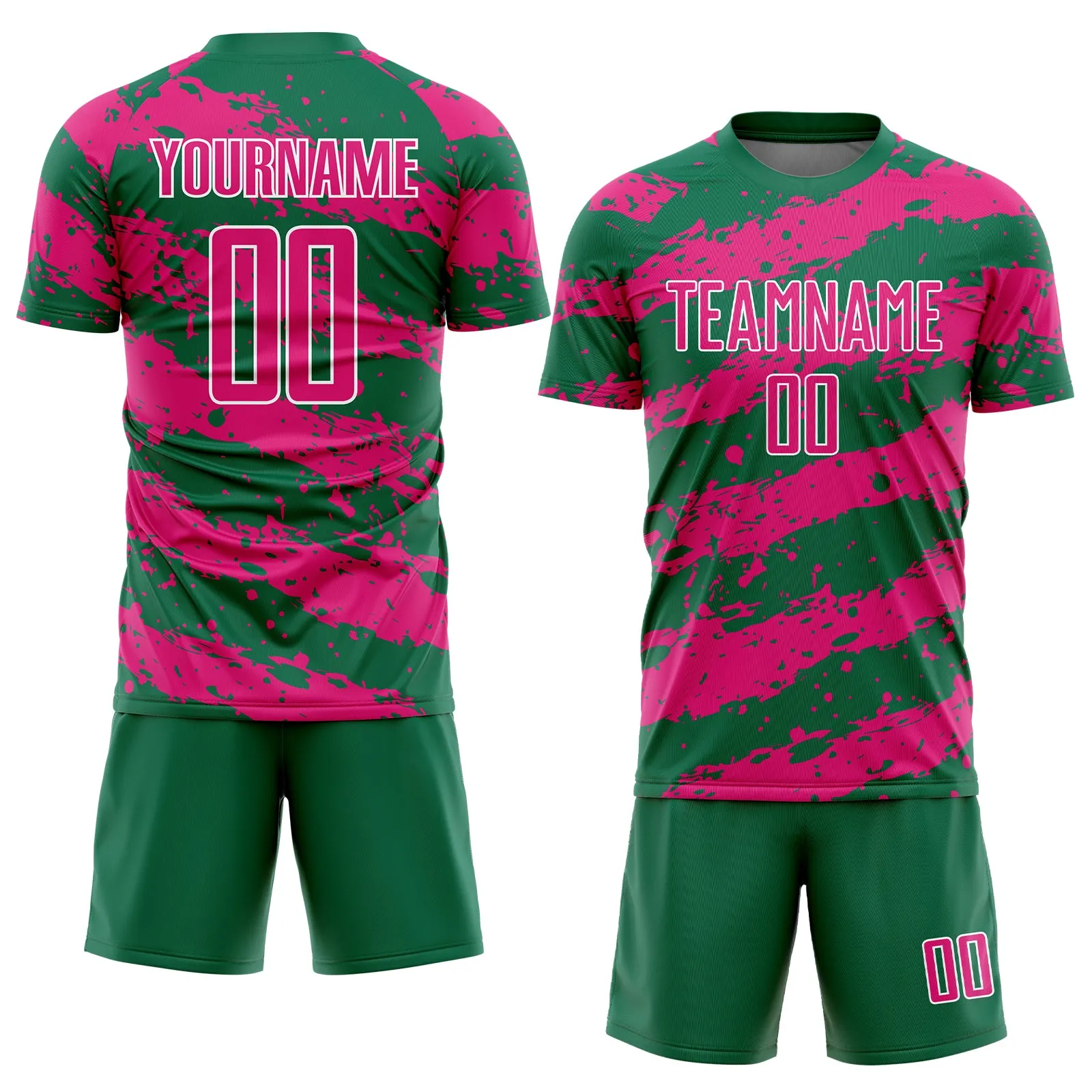 Custom Kelly Green Hot Pink-White Splash Sublimation Soccer Uniform Jersey