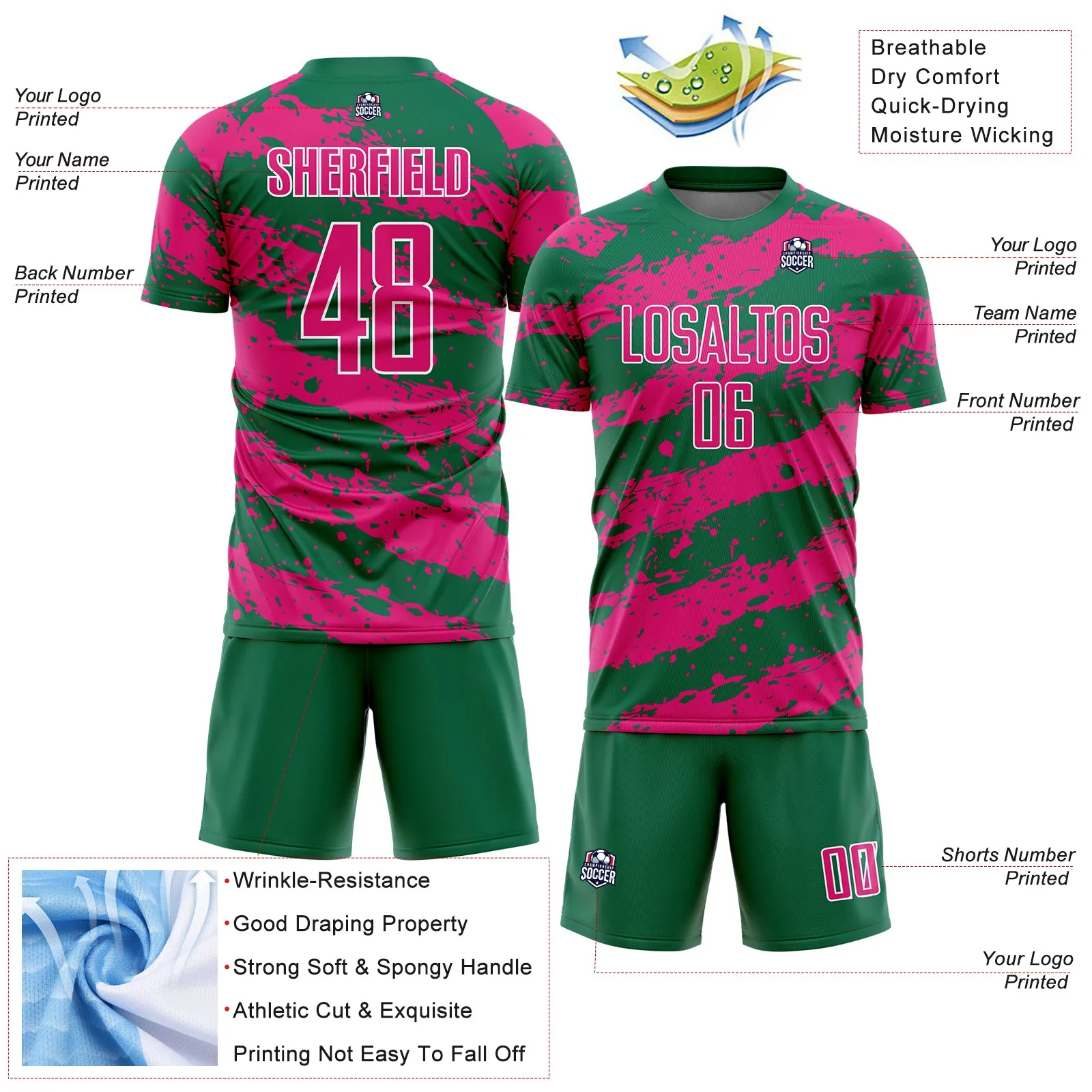 Custom Kelly Green Hot Pink-White Splash Sublimation Soccer Uniform Jersey