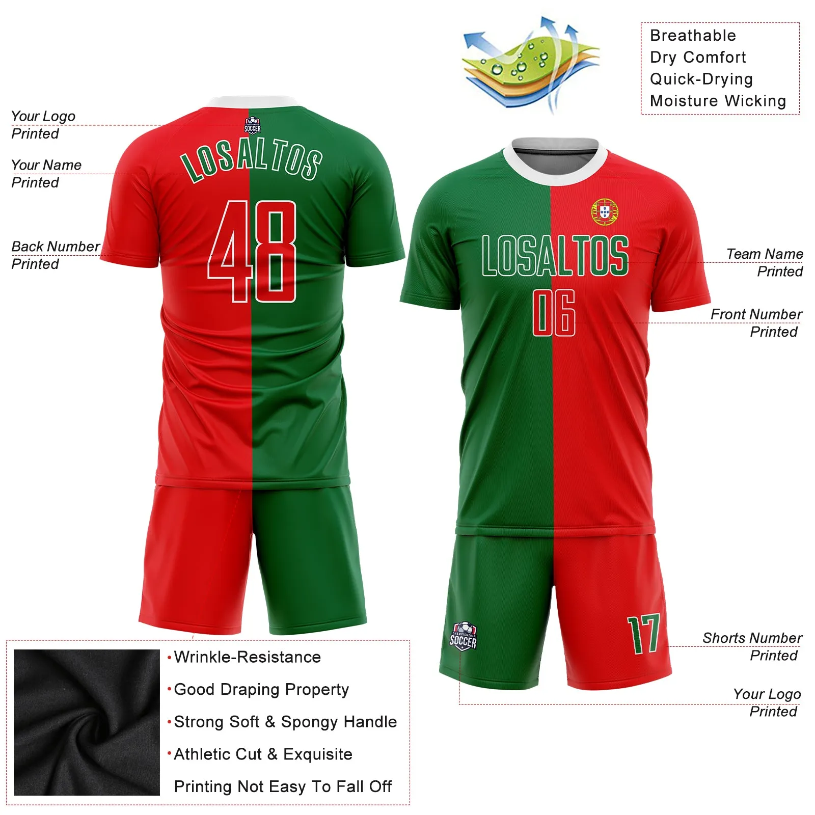 Custom Kelly Green Red-White Sublimation Portuguese Flag Soccer Uniform Jersey