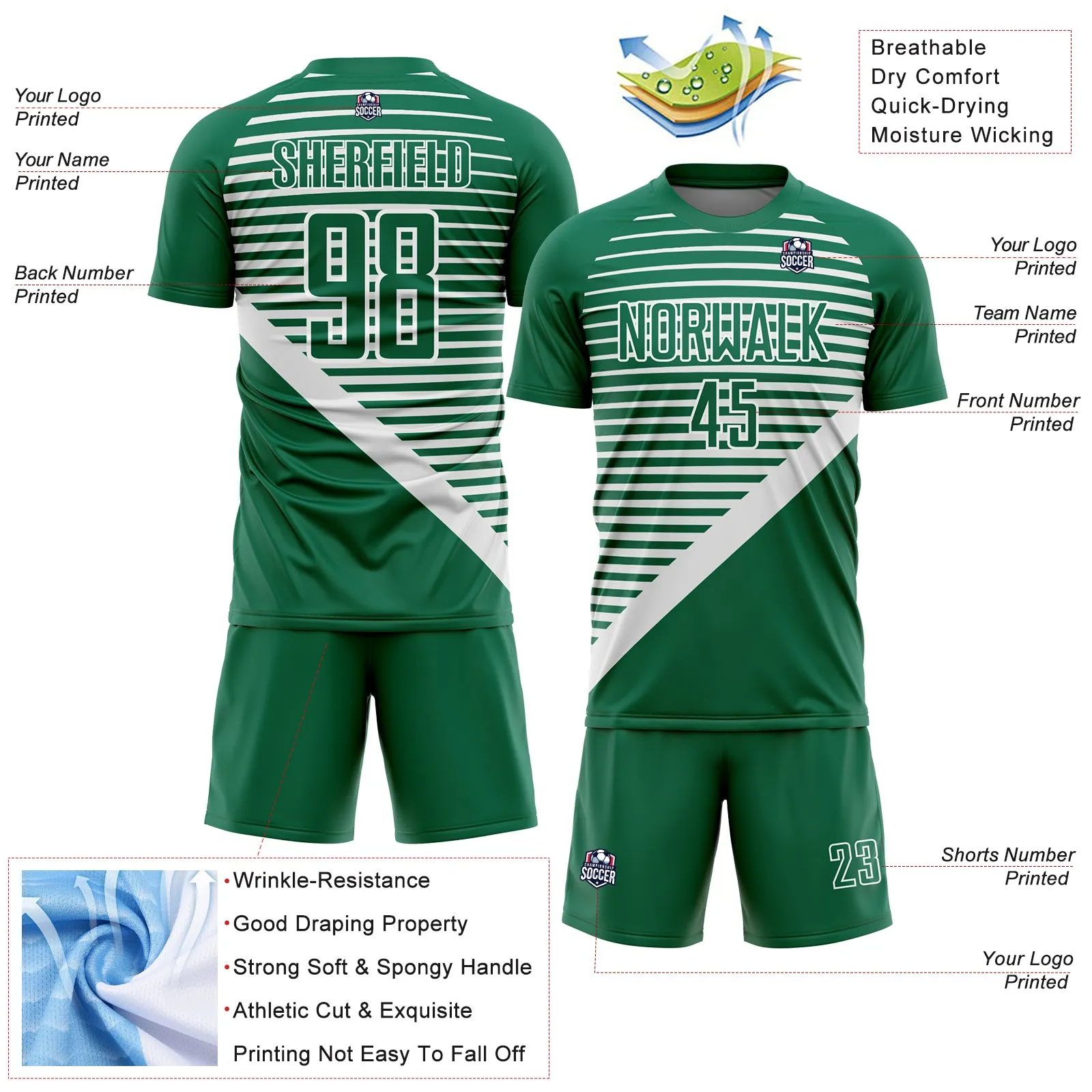 Custom Kelly Green White Stripes Sublimation Soccer Uniform Jersey