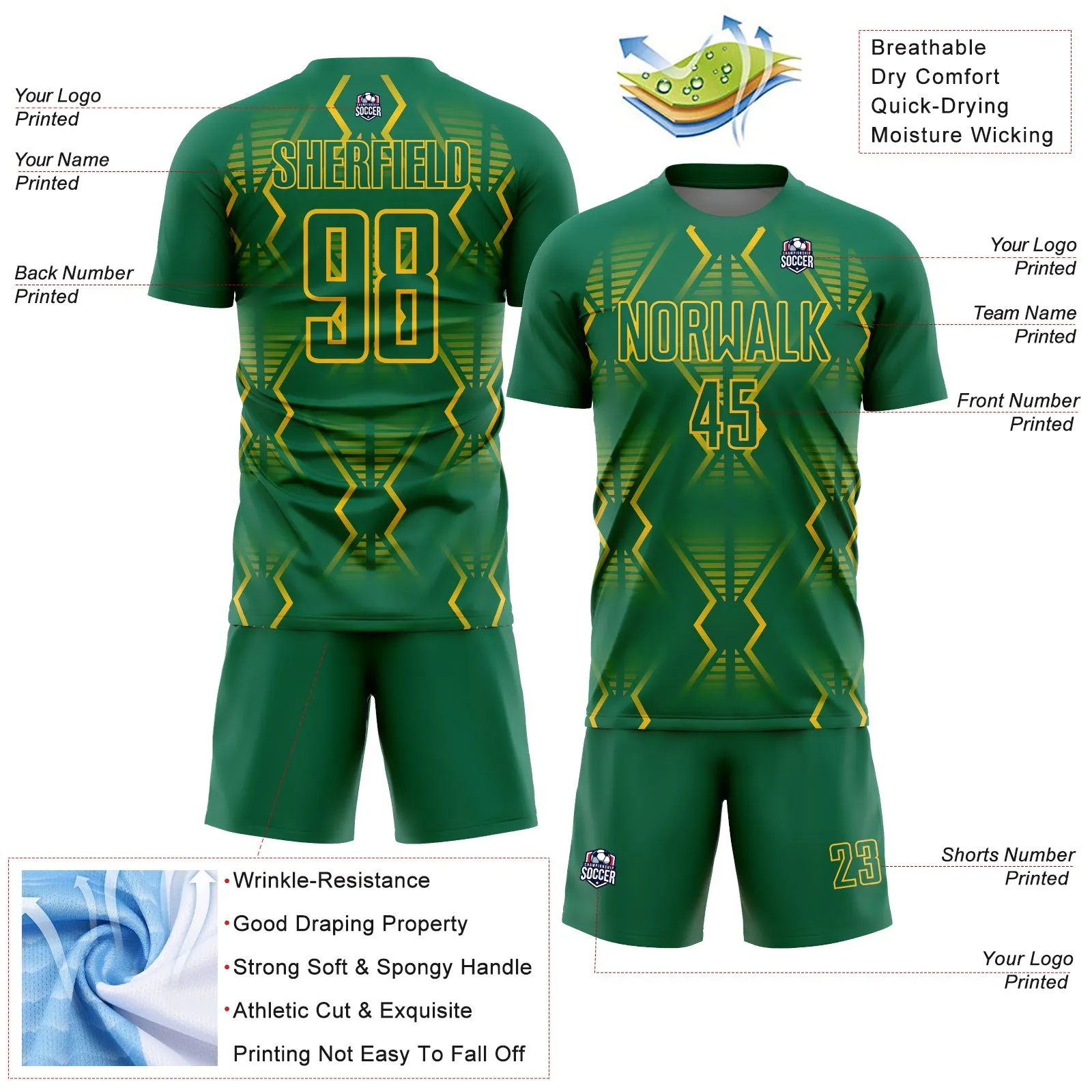 Custom Kelly Green Yellow Geometric Shapes Sublimation Soccer Uniform Jersey