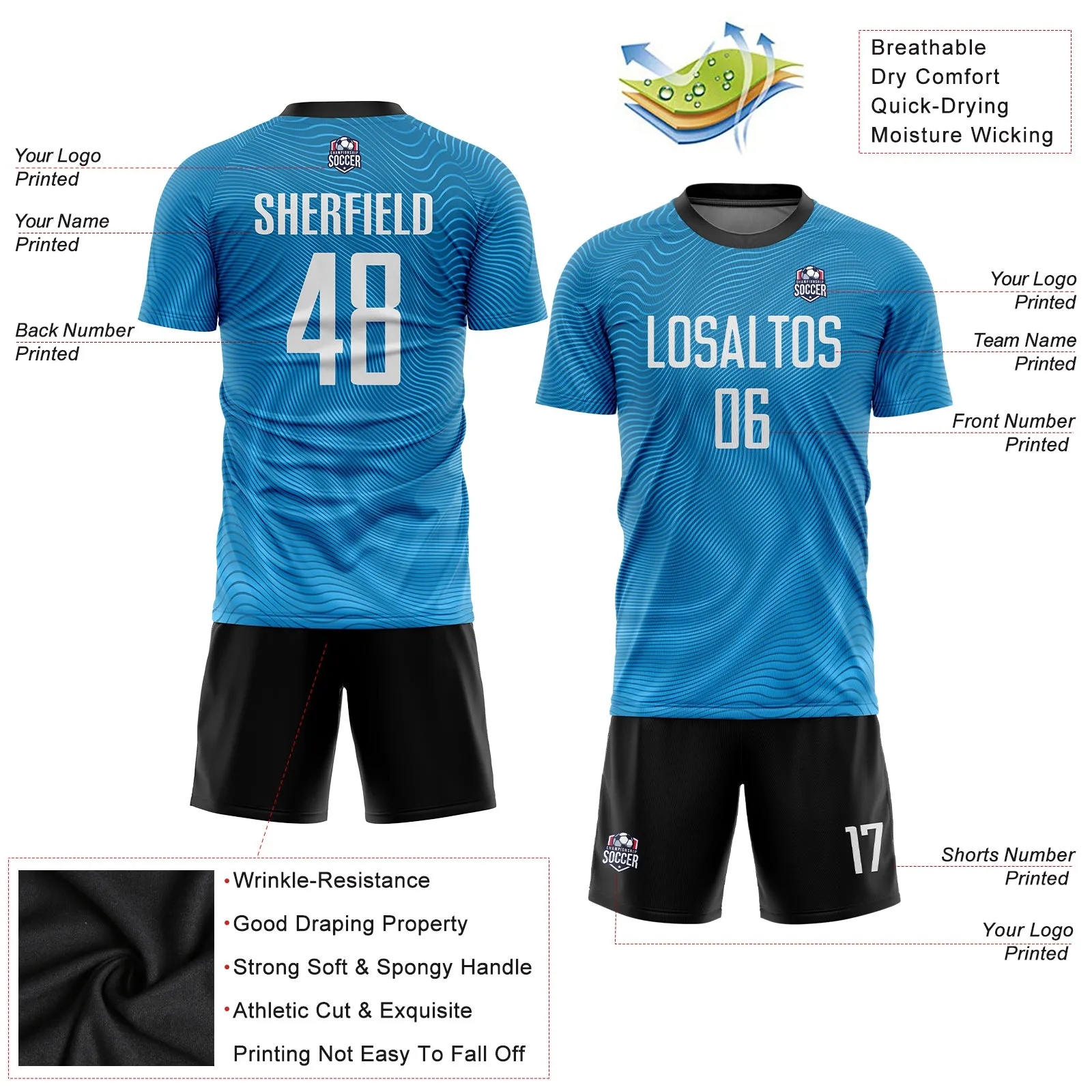 Custom Light Blue White-Black Sublimation Soccer Uniform Jersey