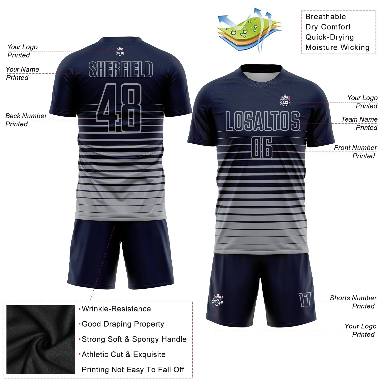 Custom Navy Gray Pinstripe Fade Fashion Sublimation Soccer Uniform Jersey