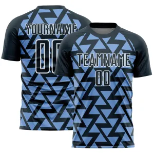 Custom Navy Light Blue-White Abstract Geometric Triangles Sublimation Soccer Uniform Jersey