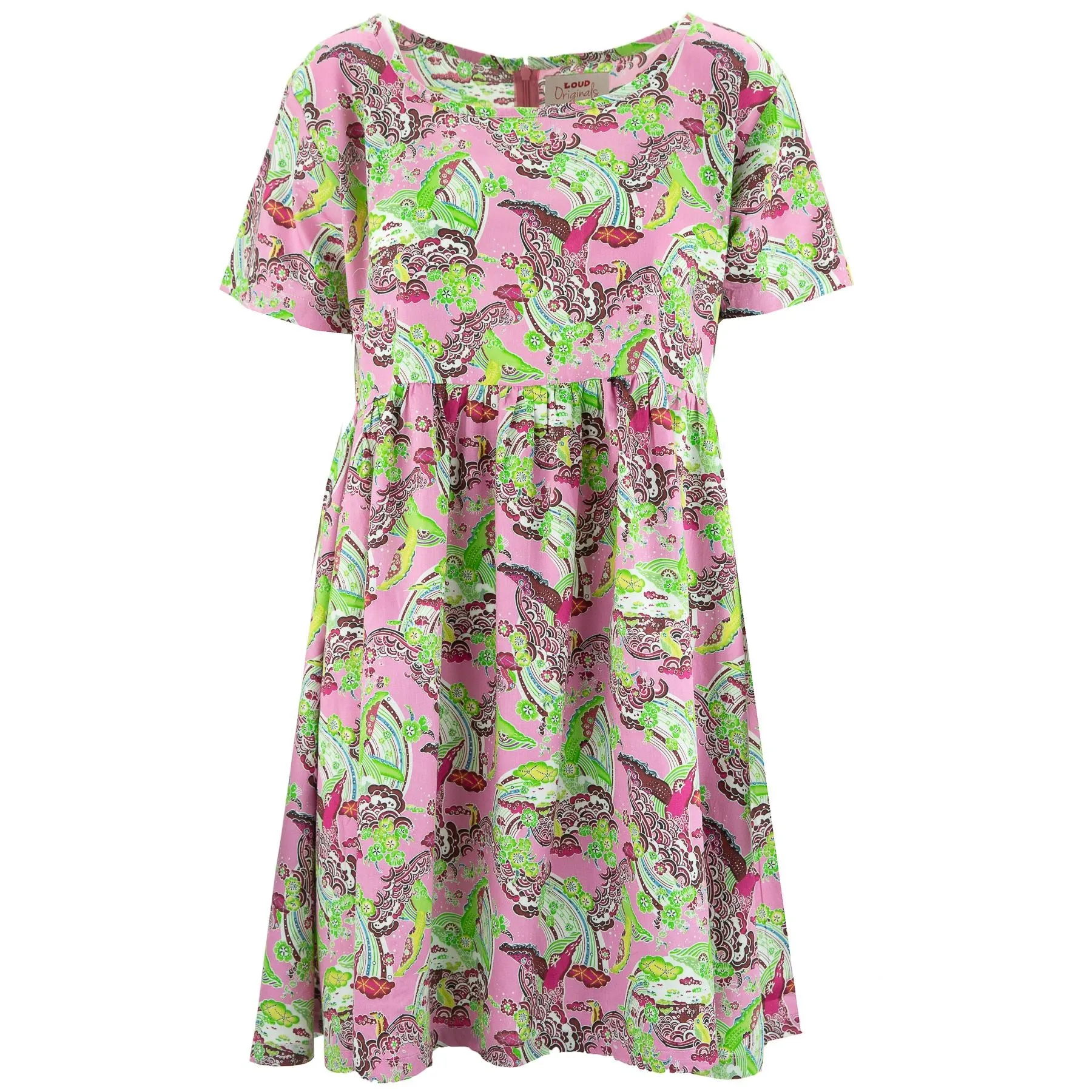 Empire Line Tea Dress - Rainbow Whale Tours Pink Cotton