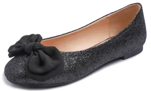 Feversole Women's Round Toe Cute Bow Trim Ballet Flats Black Glitter