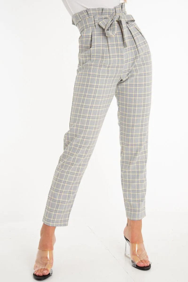 Grey Mustard Check Tie Waist Tapered Trousers - Nikita