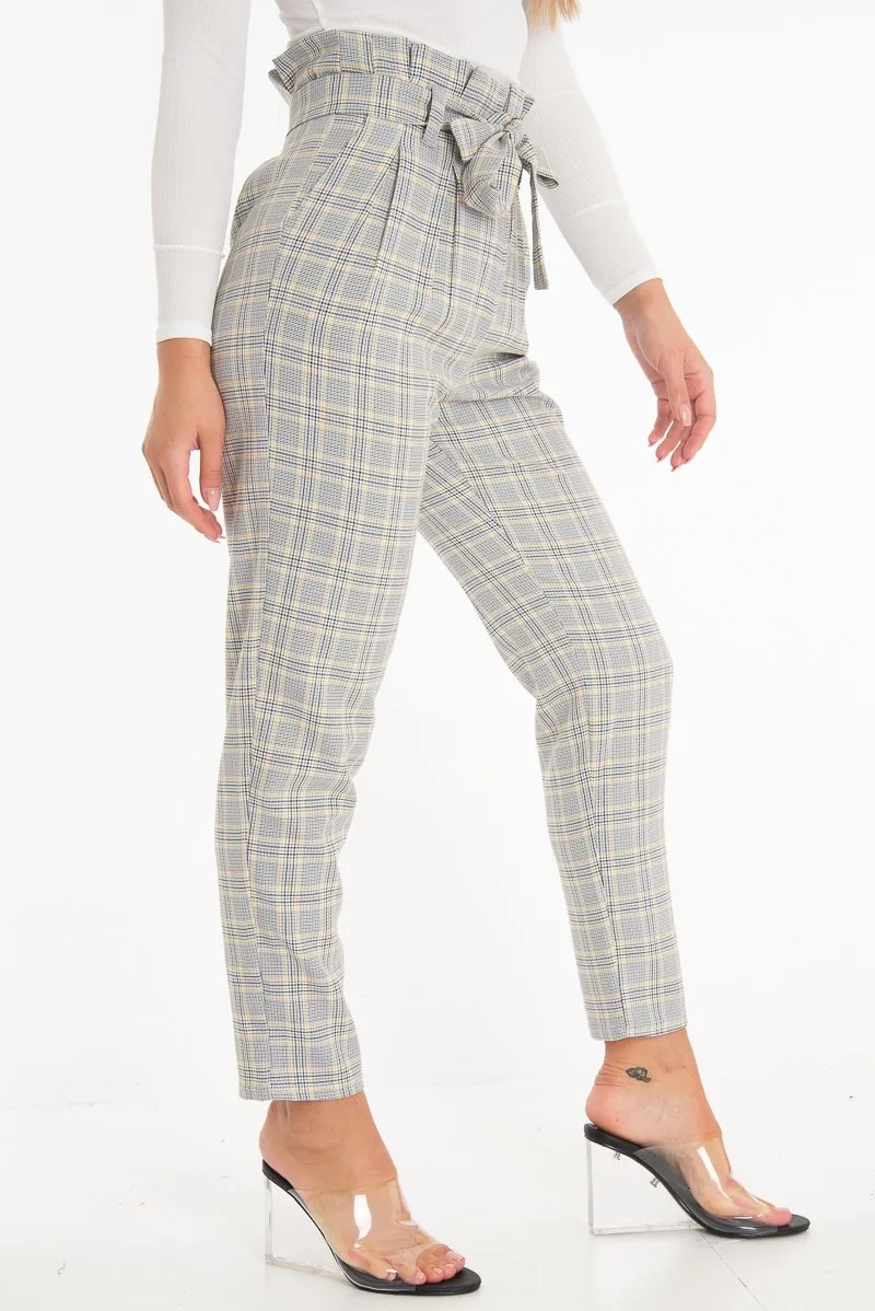 Grey Mustard Check Tie Waist Tapered Trousers - Nikita