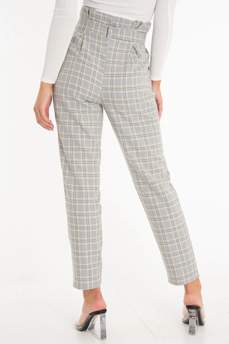 Grey Mustard Check Tie Waist Tapered Trousers - Nikita