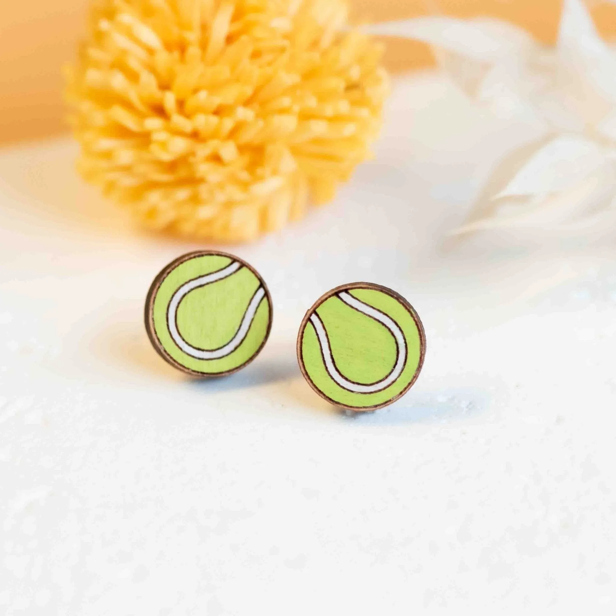 Hand-painted Tennis Ball Earrings Wooden Jewellery - PET15197