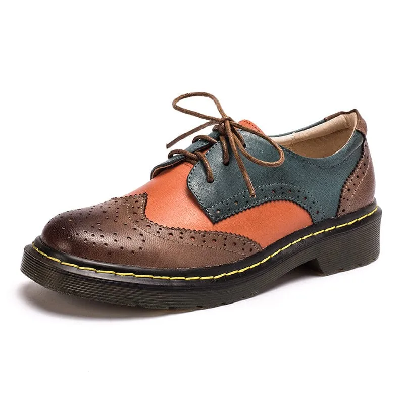 Handmade Color Blocking Wingtip Brogues Leather Lace Up Oxfords For Women Martin Sole 10 Colors