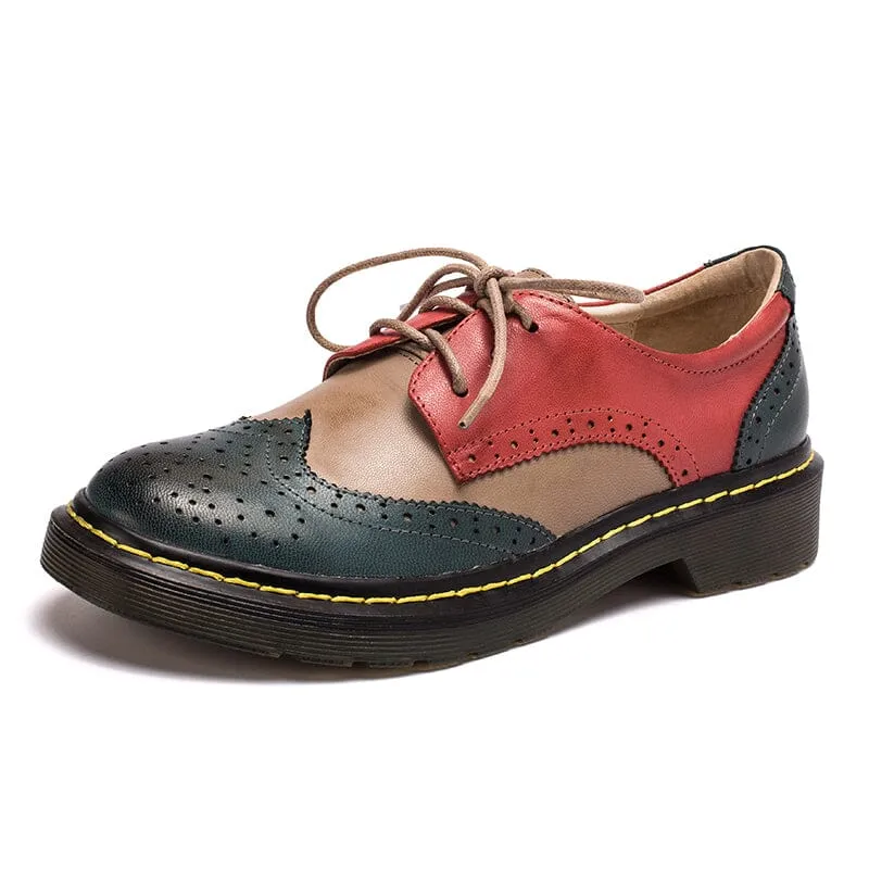 Handmade Color Blocking Wingtip Brogues Leather Lace Up Oxfords For Women Martin Sole 10 Colors