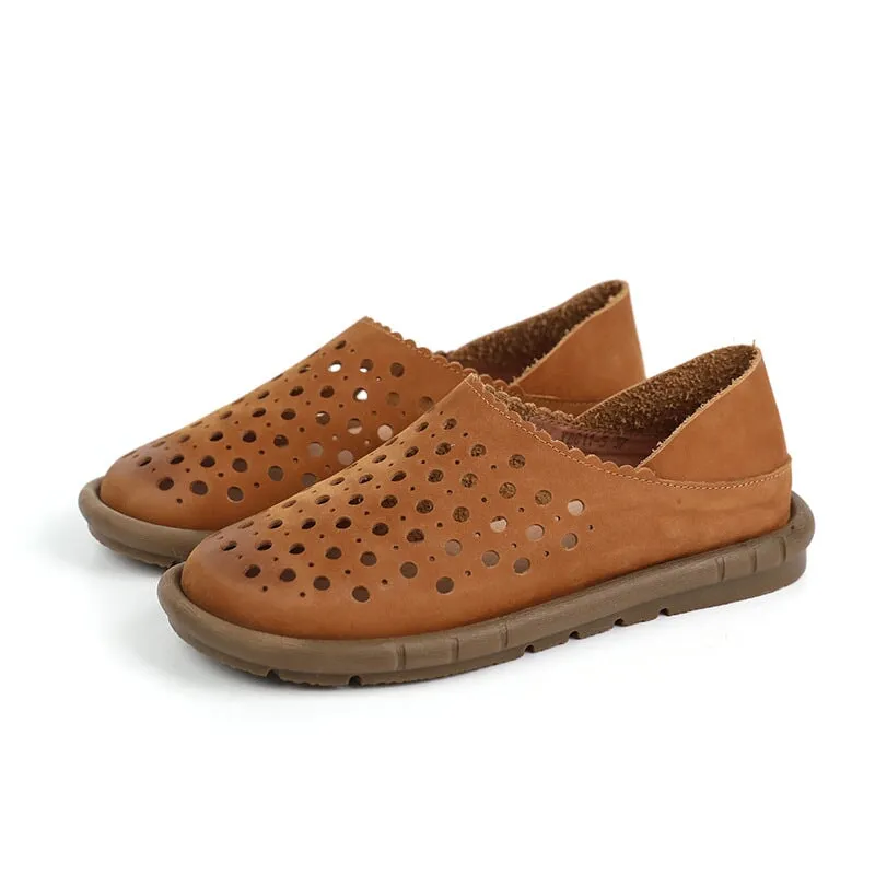 Handmade Genuine Leather Slip Ons Flats Perforated Breathable Loafers in Brown/Grey