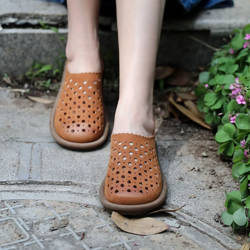 Handmade Genuine Leather Slip Ons Flats Perforated Breathable Loafers in Brown/Grey