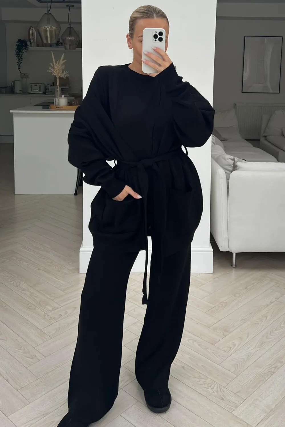 Juliana black 3 piece knitted cardigan loungewear set