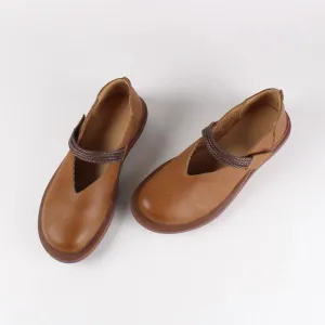 Leather Mary Jane Shoes For Womens Round Toe Flat Handmade Brown/Coffee