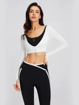 Long-Sleeve Black and White Mesh Sports Bra