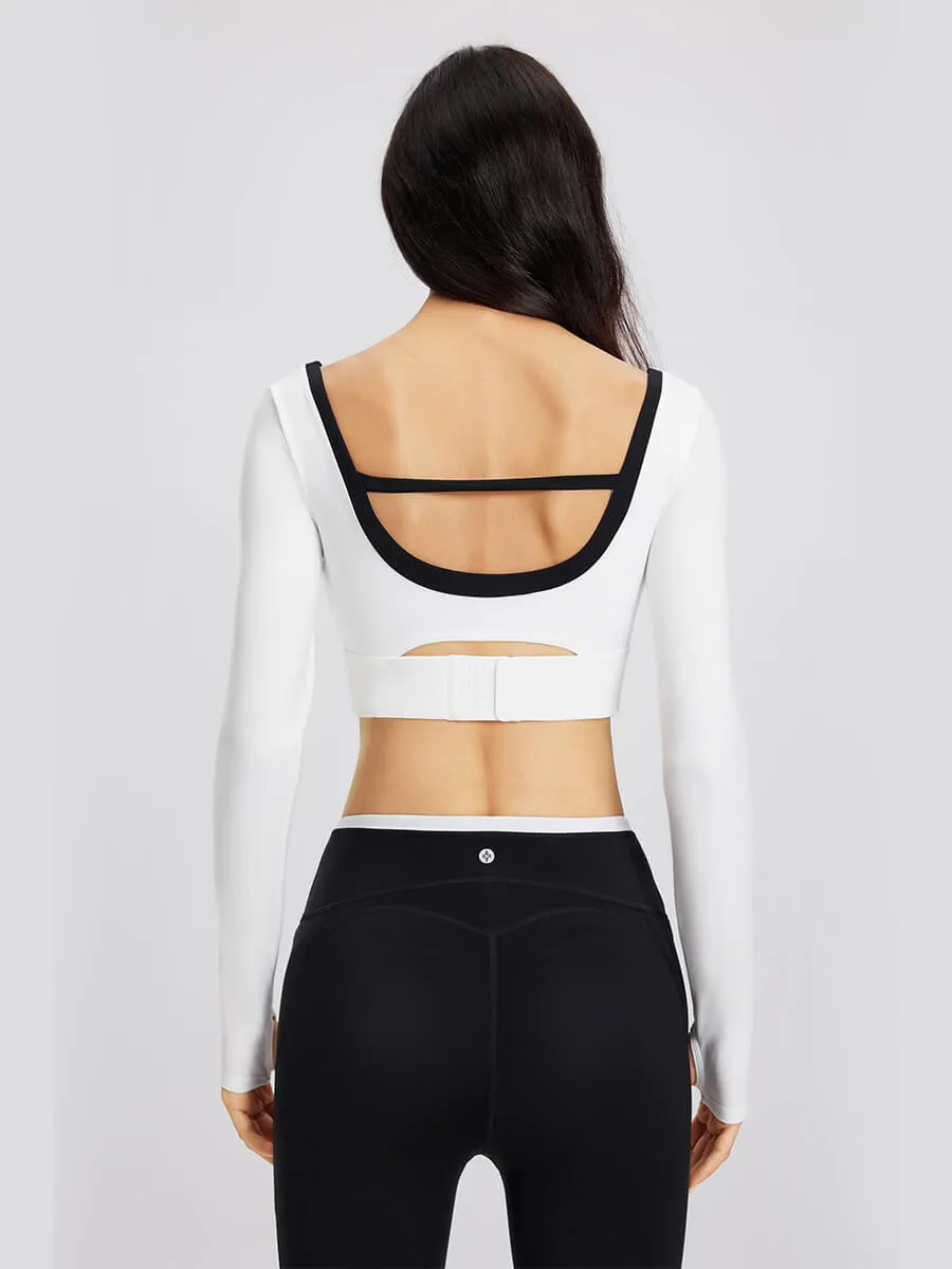 Long-Sleeve Black and White Mesh Sports Bra