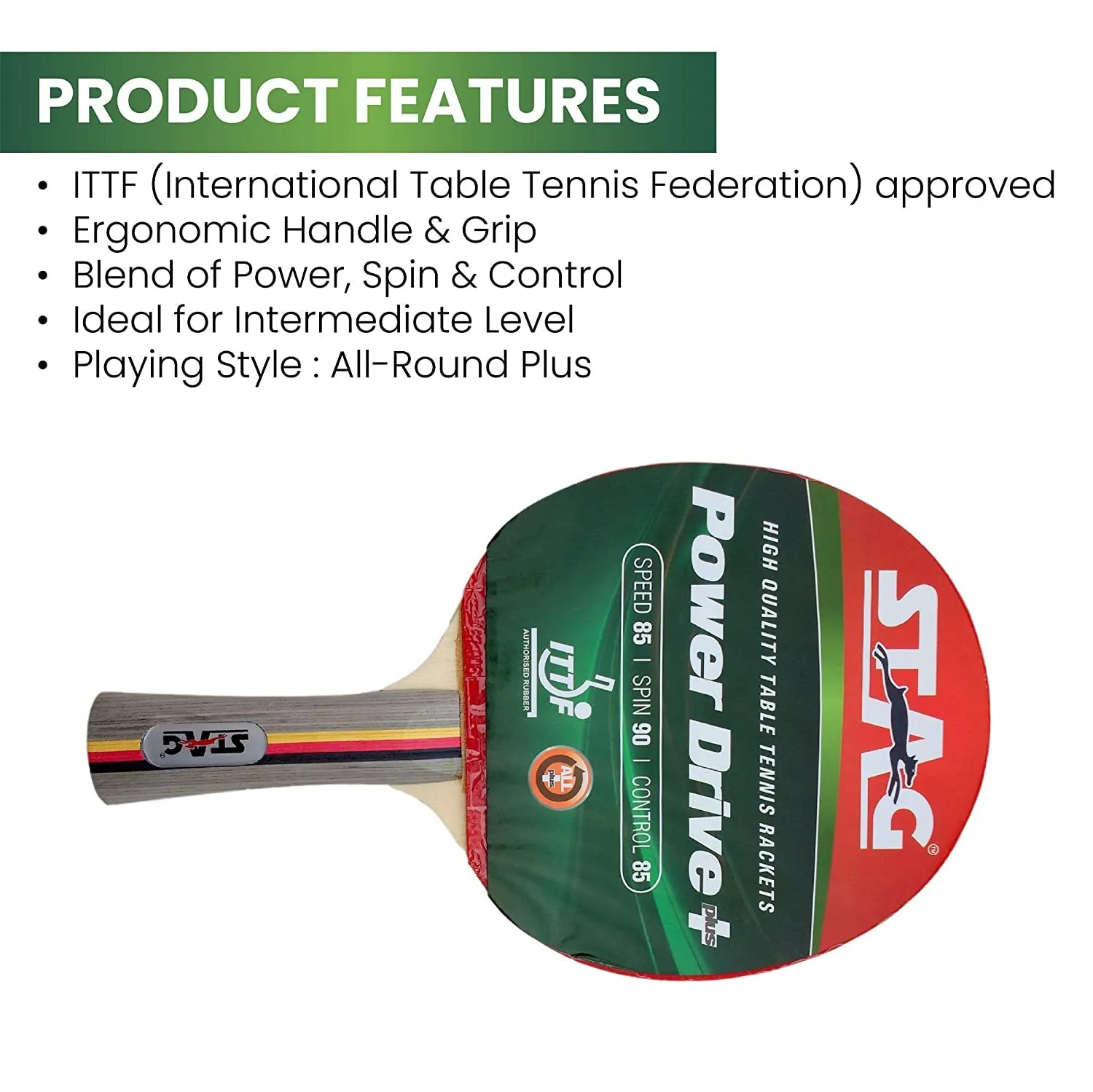 Power Drive Plus Advanced Series Table Tennis (T.T) Racket| Pro Performance Training T.T Racquet| Premium ITTF Approved Rubber| Custom Designed Comfortable Ergonomic Grip Paddle