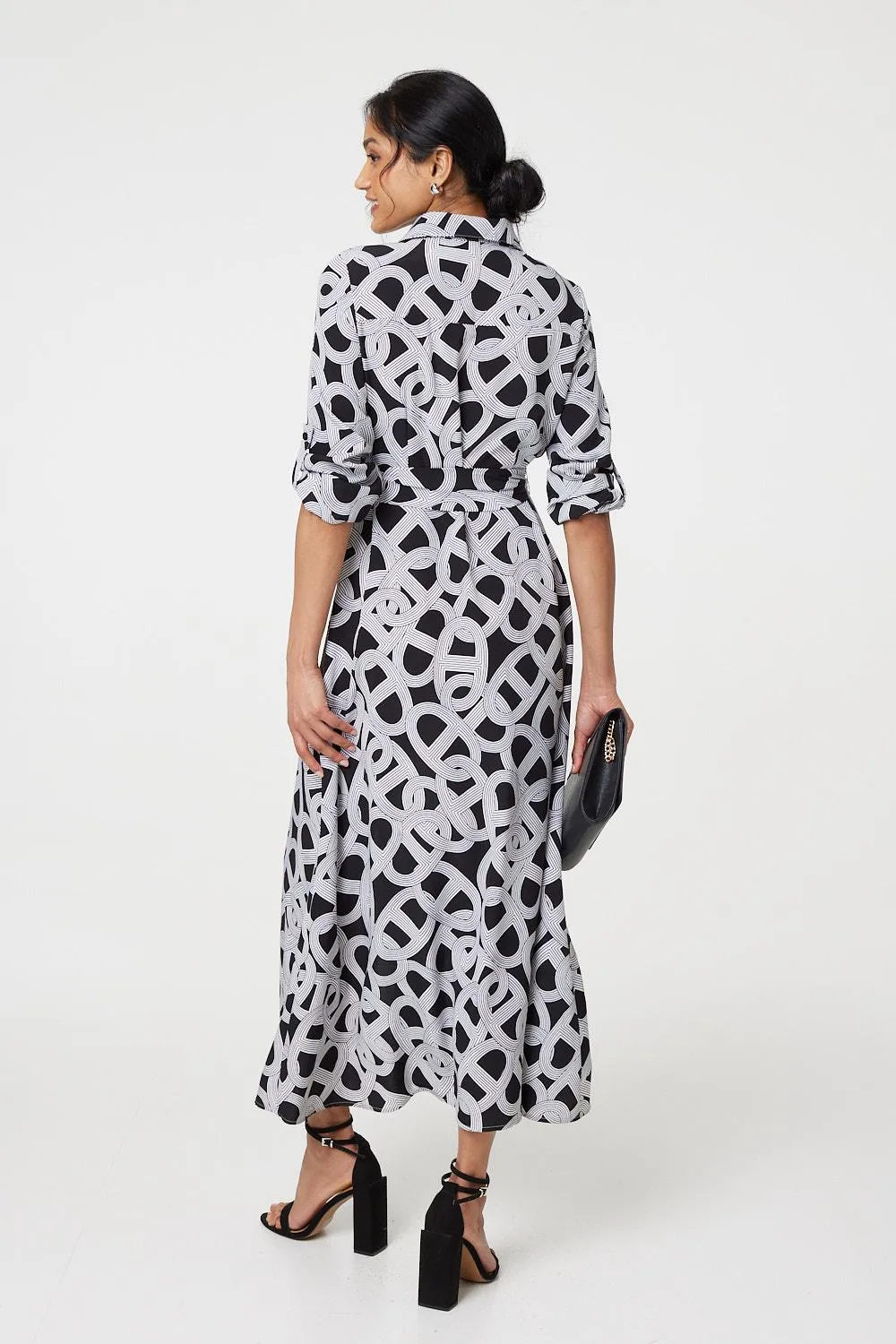 Printed Long Sleeve Shirt Maxi Dress