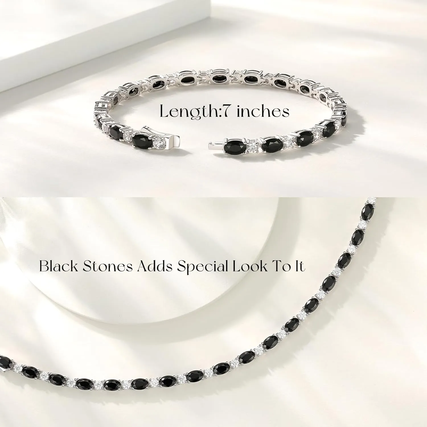 "Glamour Radiance" Fancy Cut Tennis Black Onyx Stone Sterling Silver Bracelet