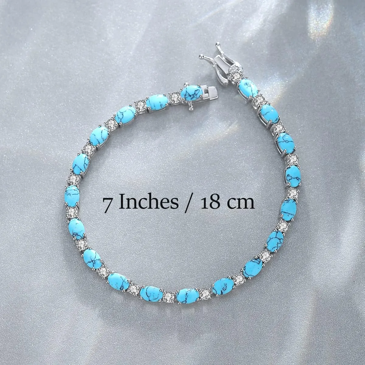 "Glamour Radiance" Fancy Cut Tennis Blue Turquoise Stone Sterling Silver Bracelet