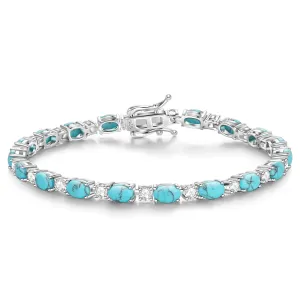 "Glamour Radiance" Fancy Cut Tennis Blue Turquoise Stone Sterling Silver Bracelet