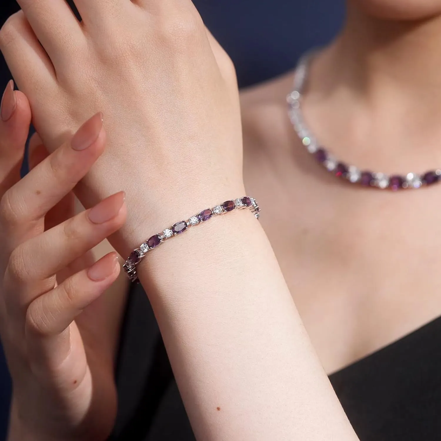 "Glamour Radiance" February Birthstone Fancy Cut Tennis Amethyst Sterling Silver Bracelet