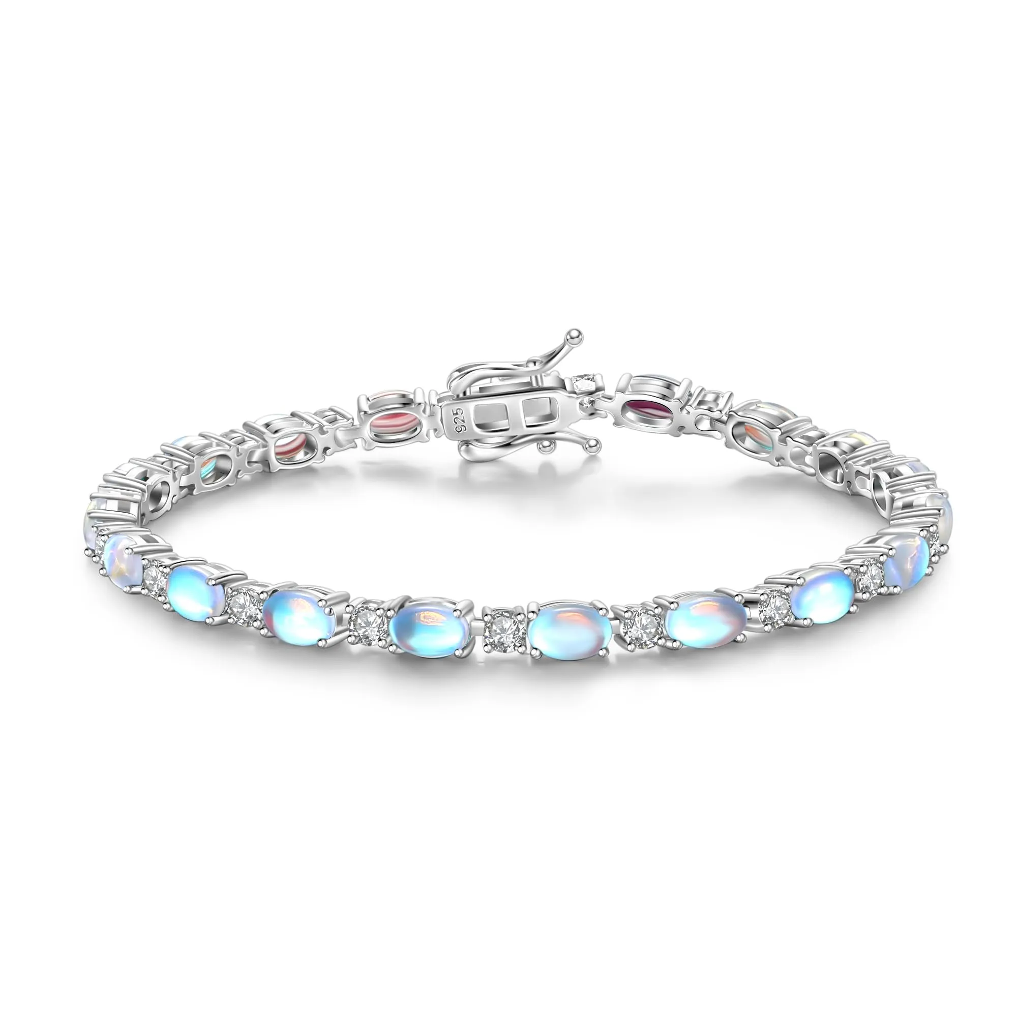 "Glamour Radiance" June Birthstone Fancy Cut Tennis Moonstone Sterling Silver Bracelet