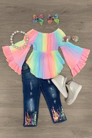 Rainbow Ombre Sequin Denim Pant Set