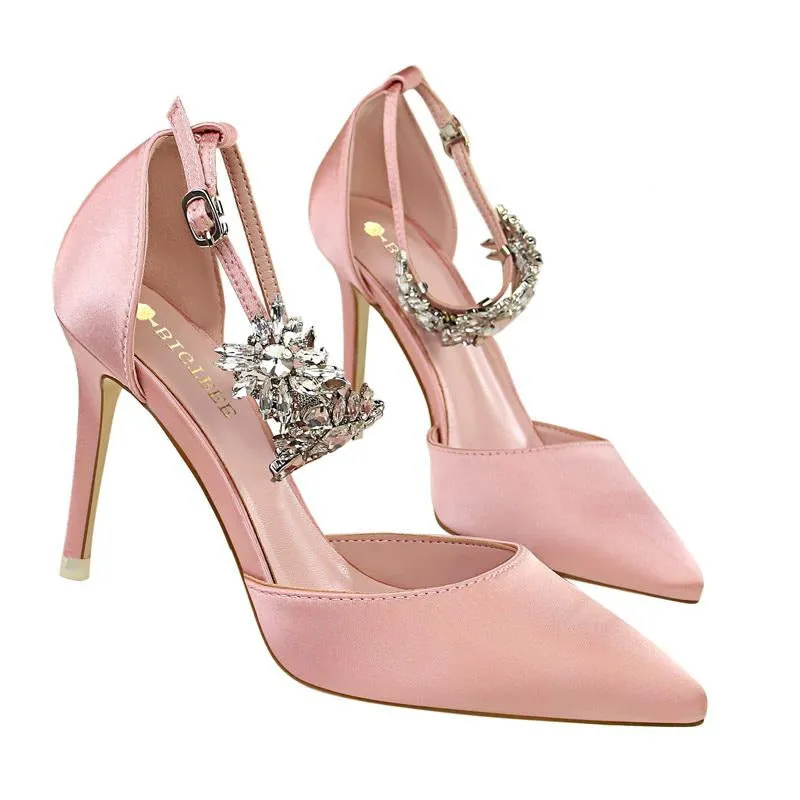 Rhinestone Decor Ankle Strap Stiletto Pumps