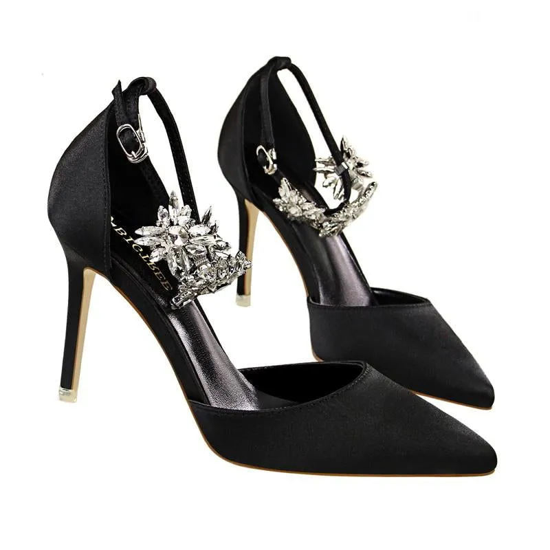 Rhinestone Decor Ankle Strap Stiletto Pumps