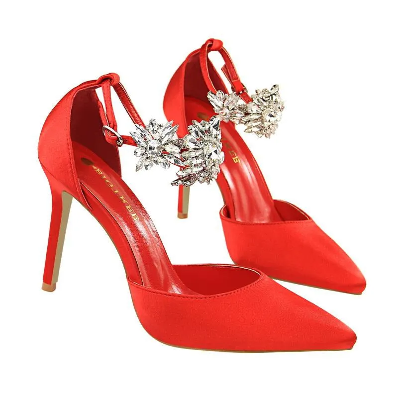 Rhinestone Decor Ankle Strap Stiletto Pumps